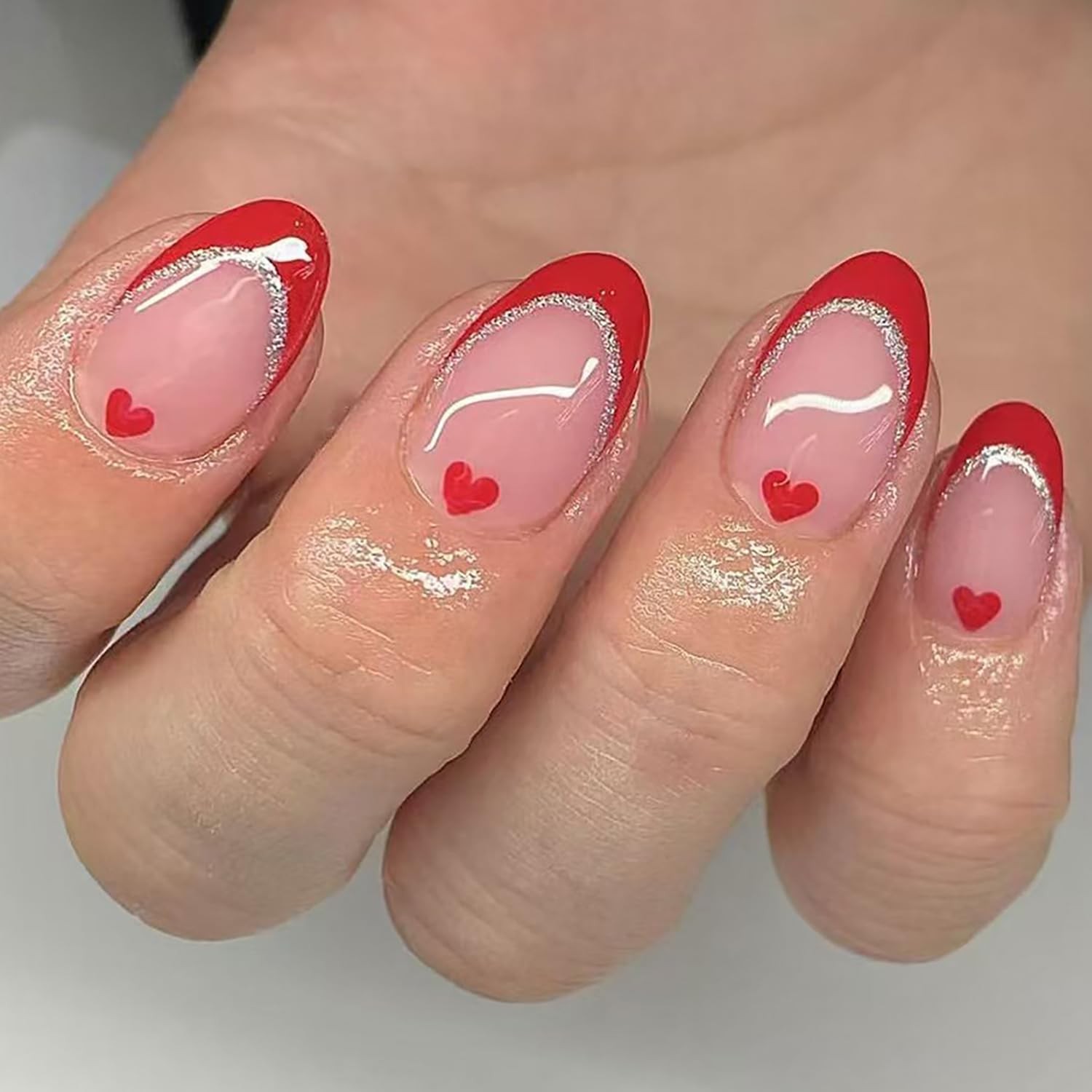 24 Pcs Red French Tip Press on Nails Short Almond with Glitter Design Valenti…
