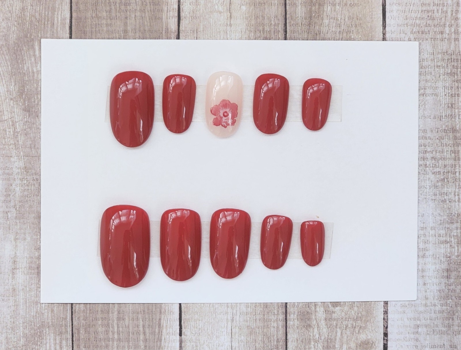 Custom Press On Handmade Gel Nails Crimson Floral Accent Oval Short 20 Tips