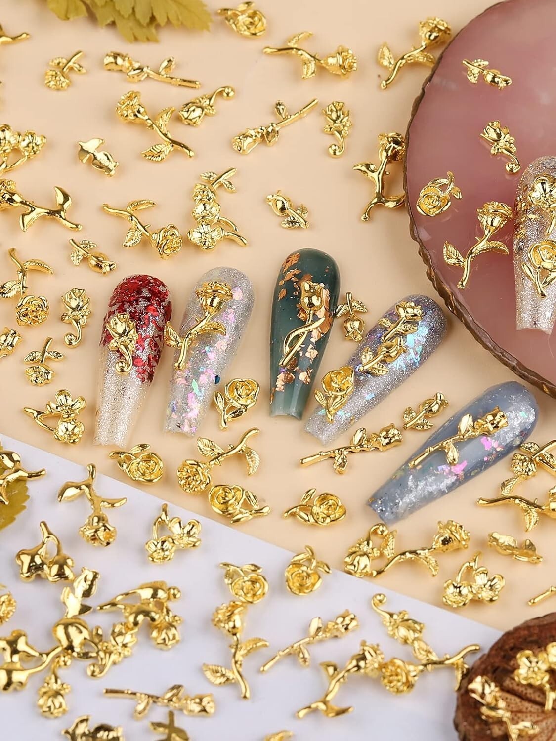 120 PCS Gold Alloy 3D Rose Nail Charms Small Flower Designs DIY Nail Art
