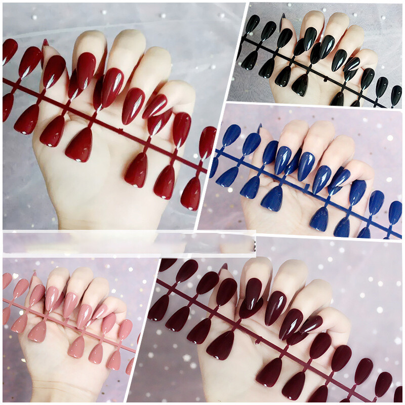28Pcs False Nail Almond Armor Long Fake Nails Water Drop Patch Press on Nails