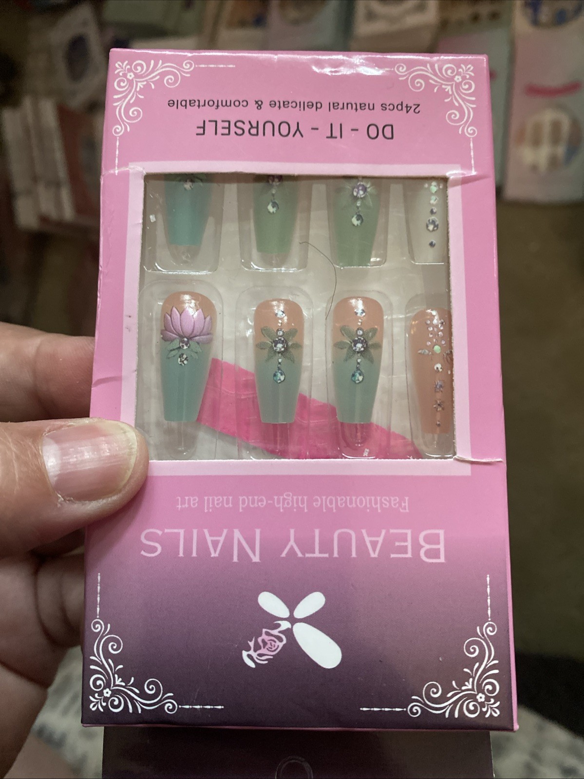 24pcs Water Lily Blue Pink Floral Nail Tips Boxed Glue & Tabs Princess Gradient