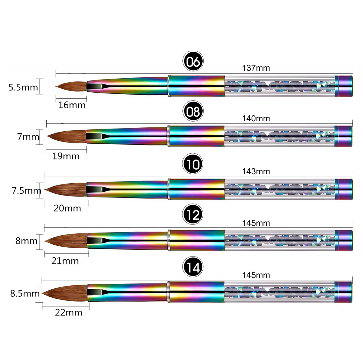Acrylic Nail Brush 100% Kolinsky With Cap Rainbow Crystal Handle Size 6-14#