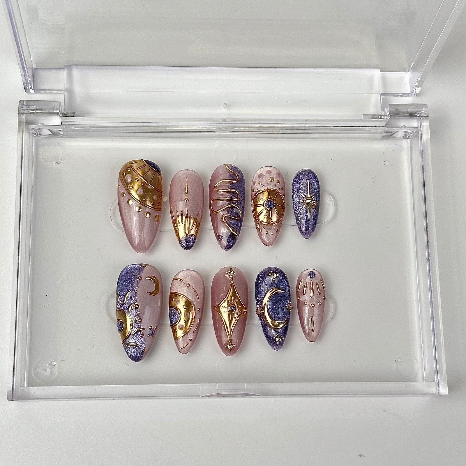 Press On Nails Medium Almond Purple Gold Celestial Moon Star Nail Art Glue Set
