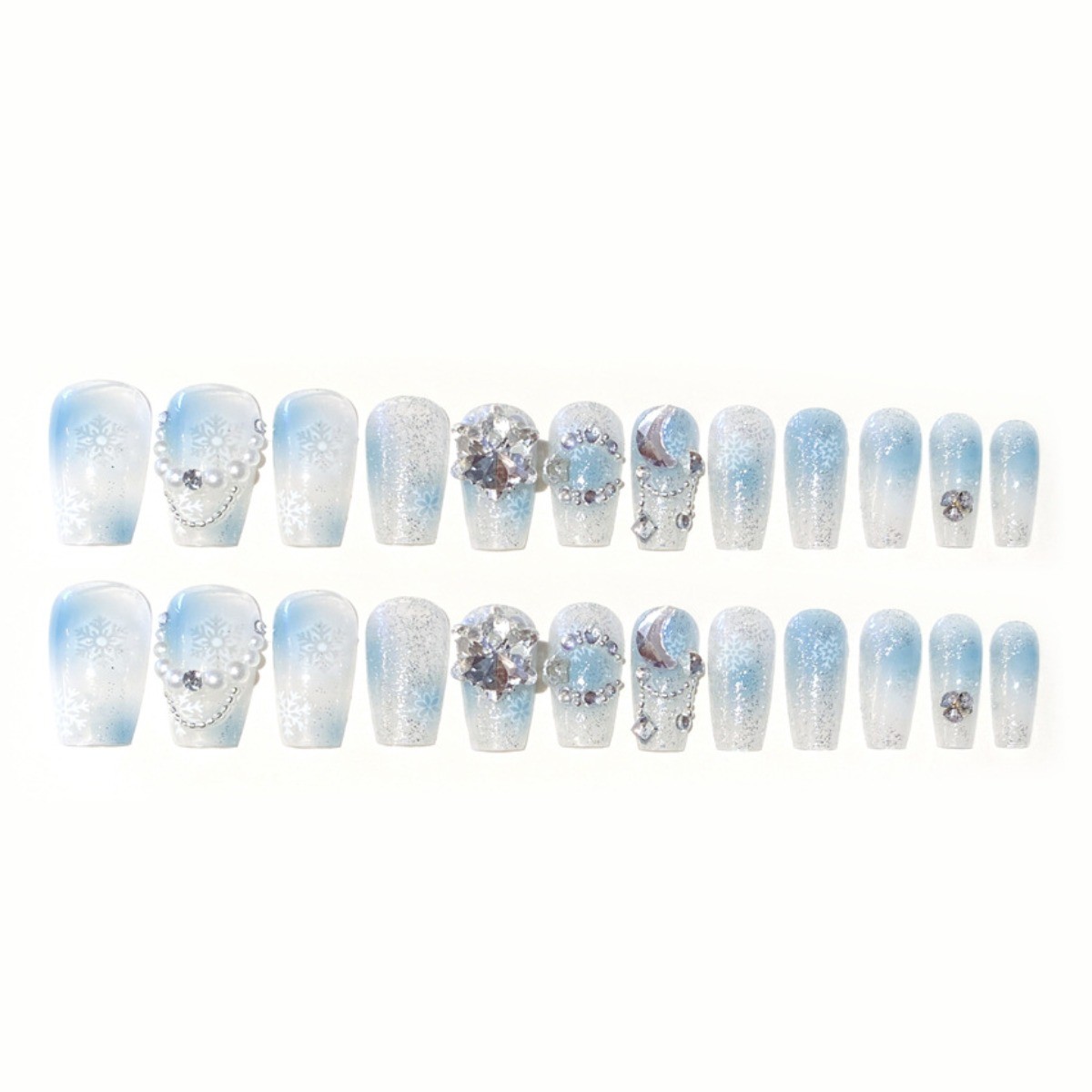 48Pcs-Long Square Blue White Snowflake Pearl Rhinestone Glitter Press on Nails