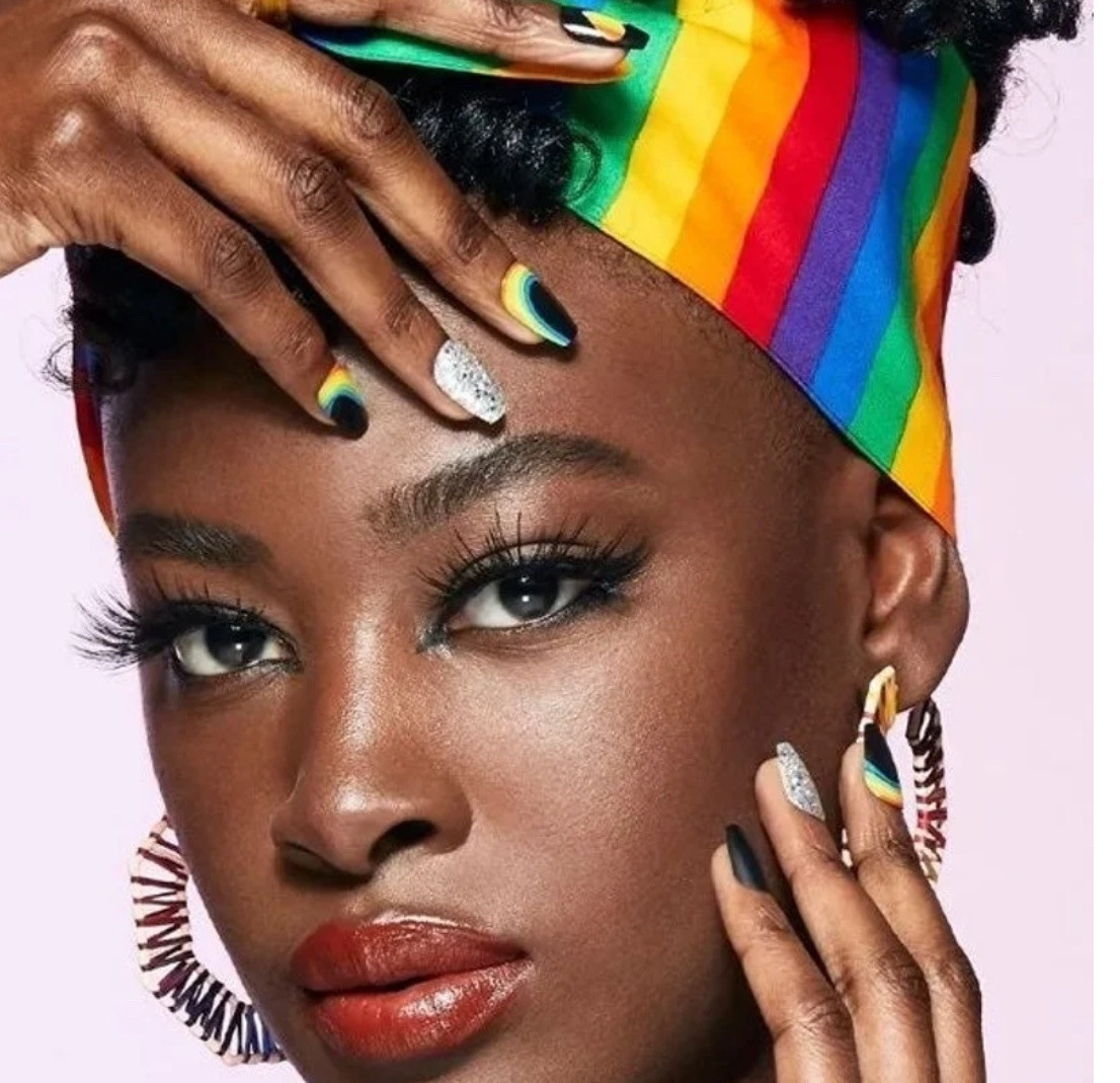 Kiss Special Design Glue-On Black Medium Length Rainbow Pride Nails x1