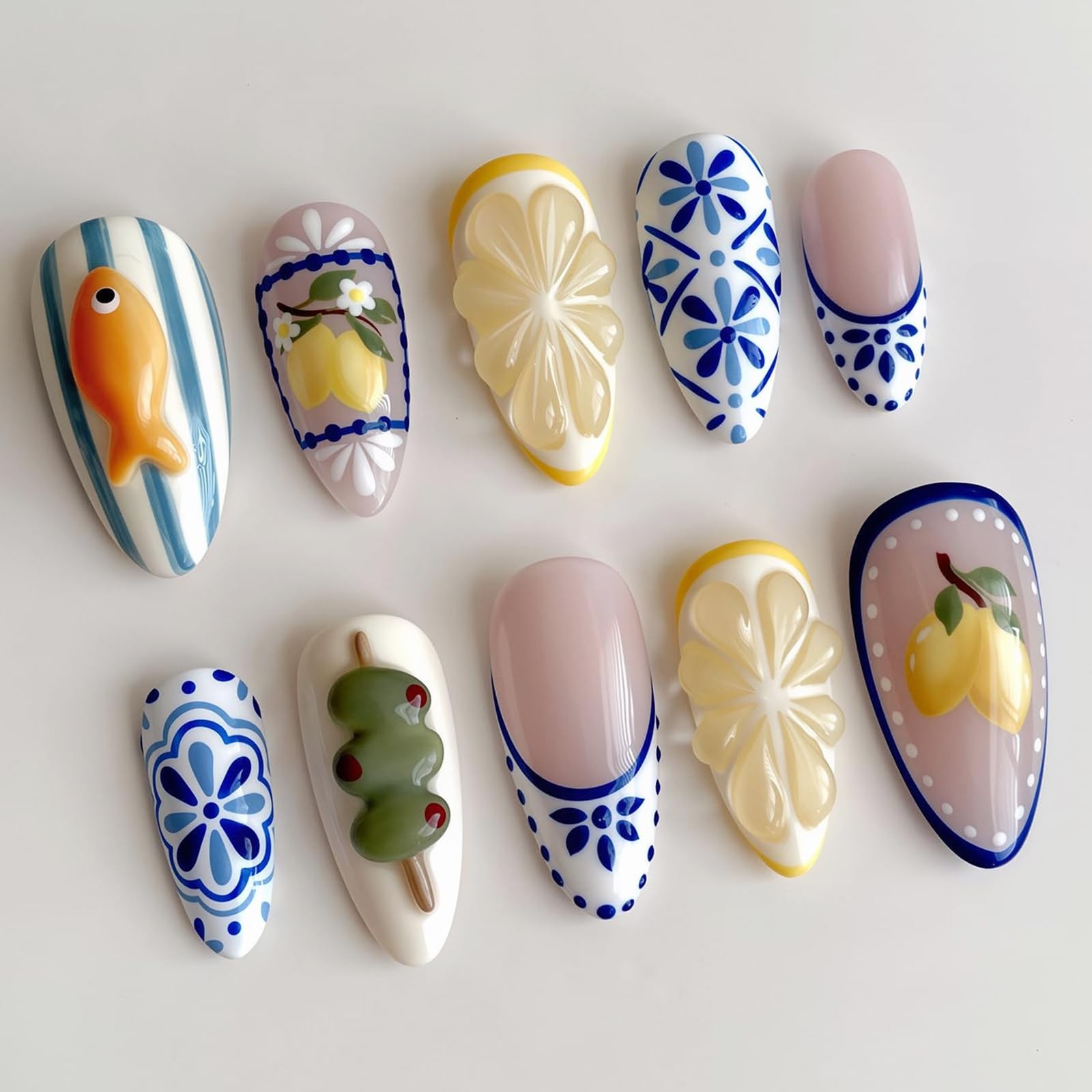 30Pcs Summer Press On Nails Almond Medium Fake Nails with 3D Goldfish Lemon a…