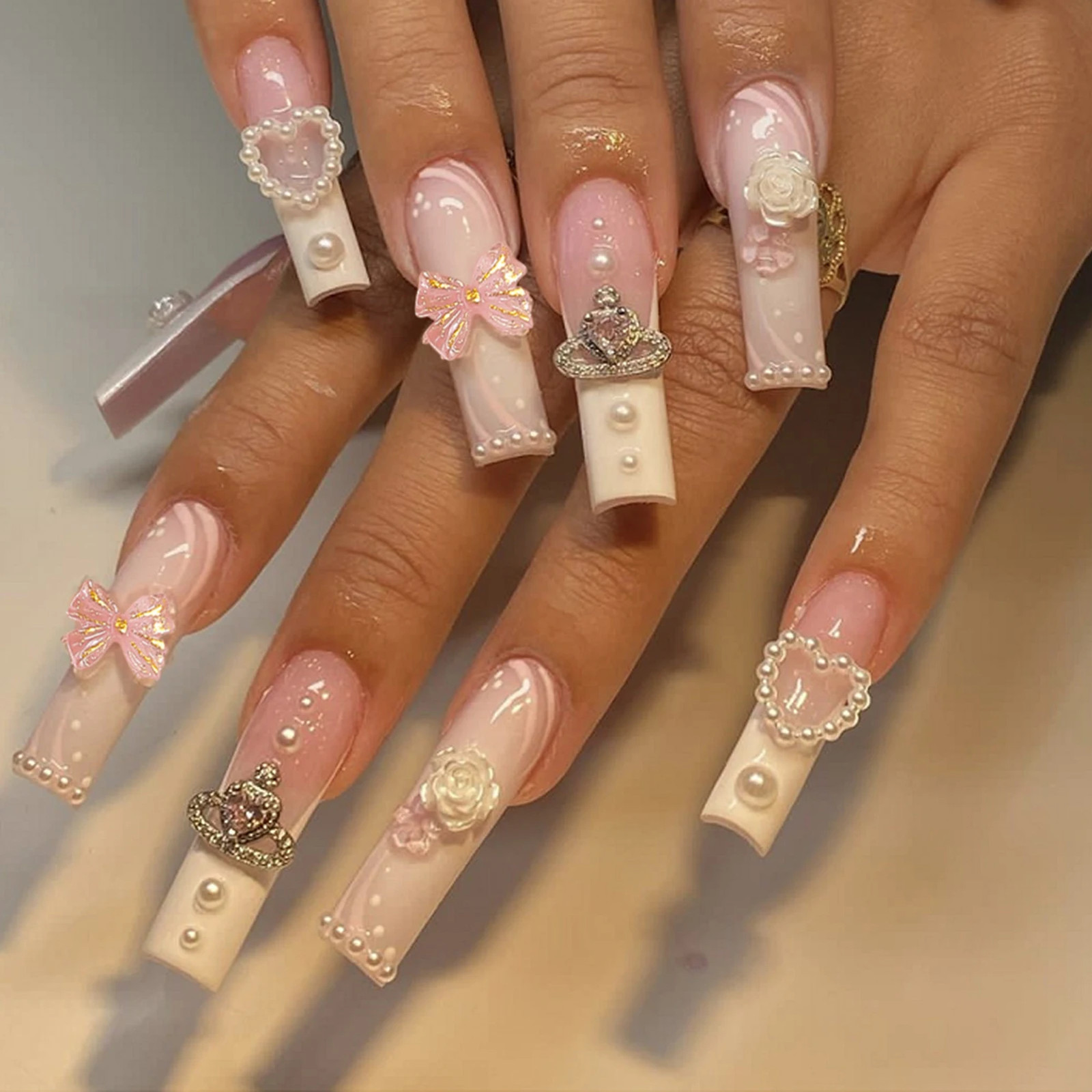24pcs 3D Flower Bowknot False Nails Y2K Long Coffin Press On Nails