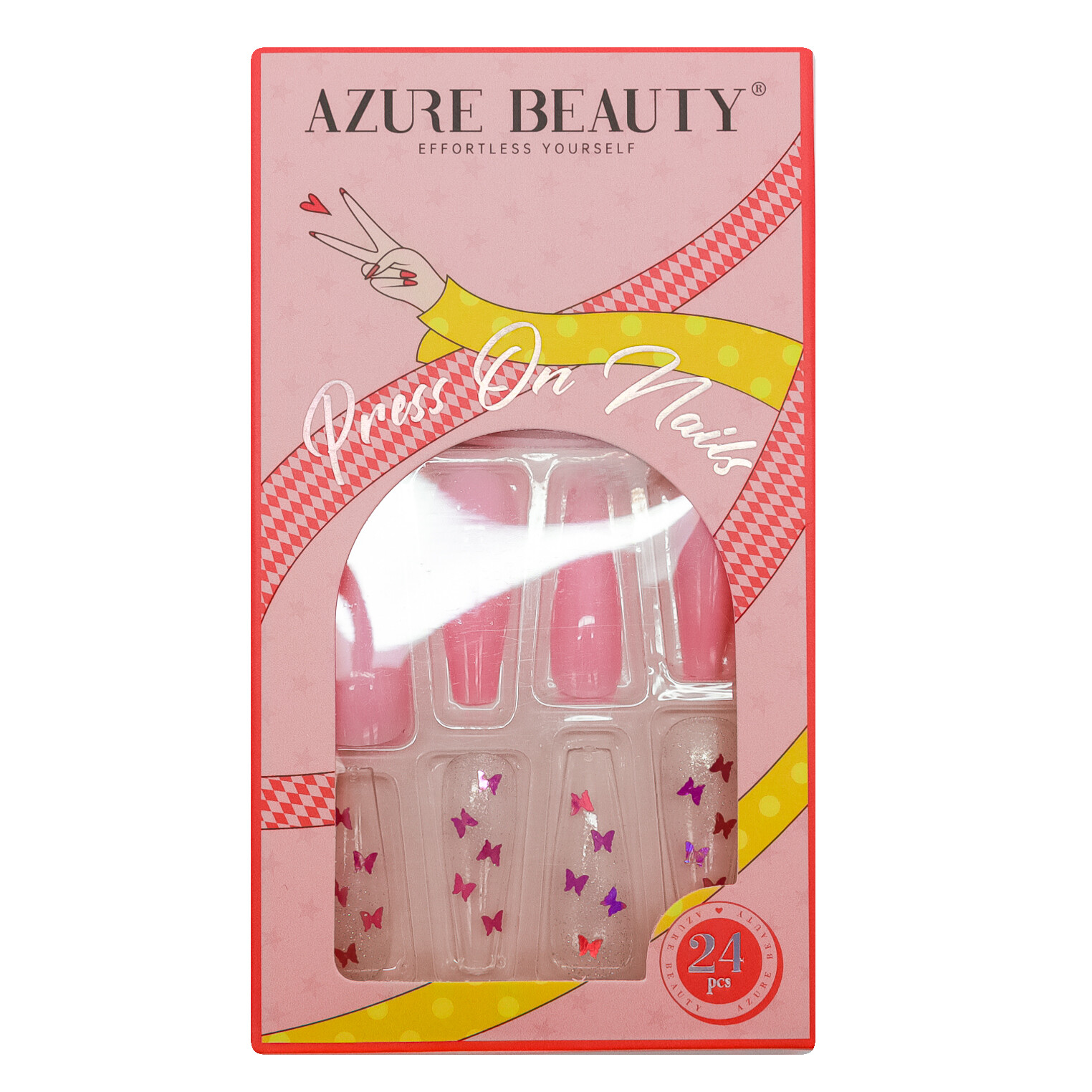 3 Pack x 24 ABS Press On Nails Pink Yellow Blue w/ Designer Butterflies 9 Sizes