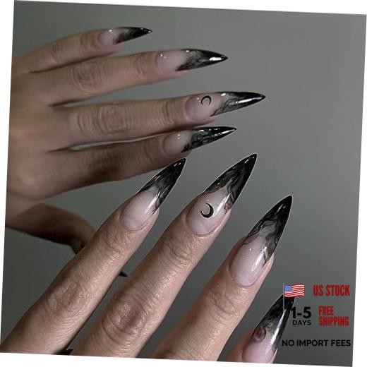 Halloween Stiletto Press on Nails Long Fake Nails Black French Glue Nq207goth