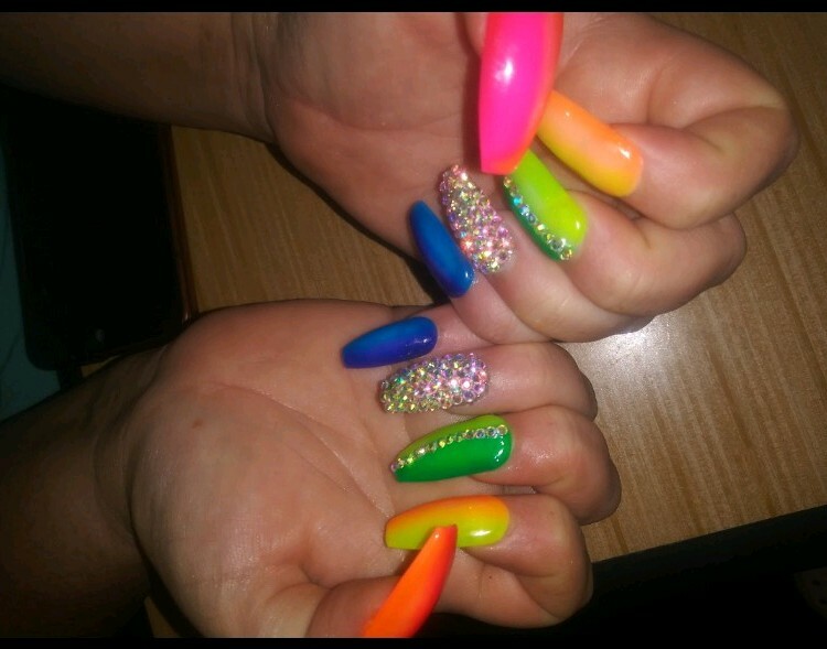 Rainbow ombre bling nails coffin PRESS ON NAILS neon crystal pride nails