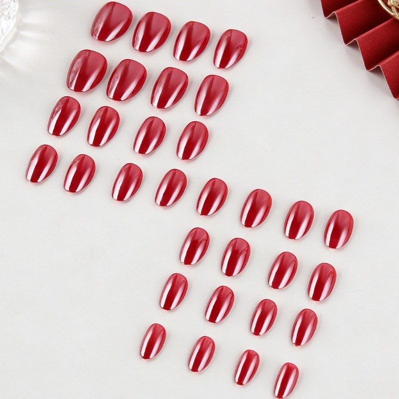 32Pieces Glossy Red Short Oval Press On Nail Easy To Wear And Remove False Nail