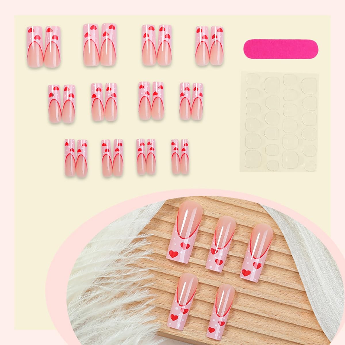 24Pcs Red Heart Press on Nails Long Square Fake Nails French Tip Glue on Nail…