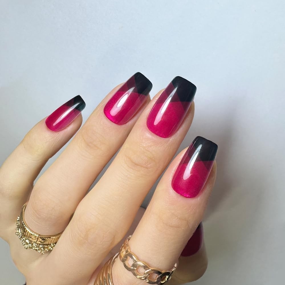 24PCS Handmade Short Coffin Glossy Press On Nails, Black and Pink Salon Quali…