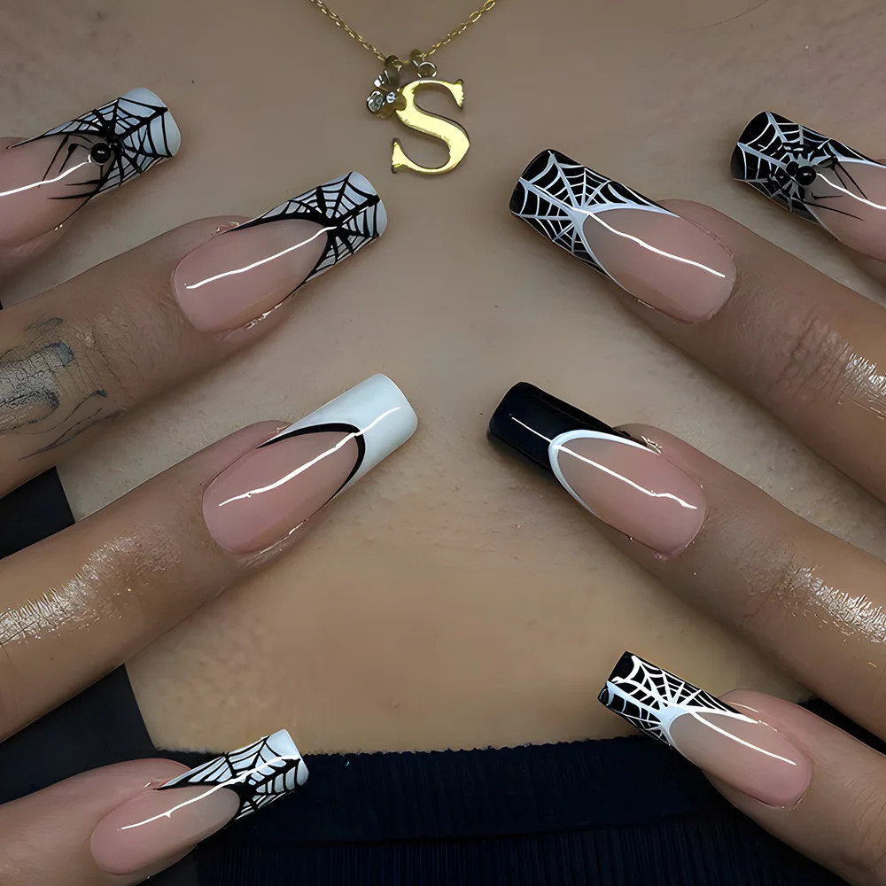24pcs Halloween Spider Fake Nails French Coffin Full Cover Artificial Nail Tips