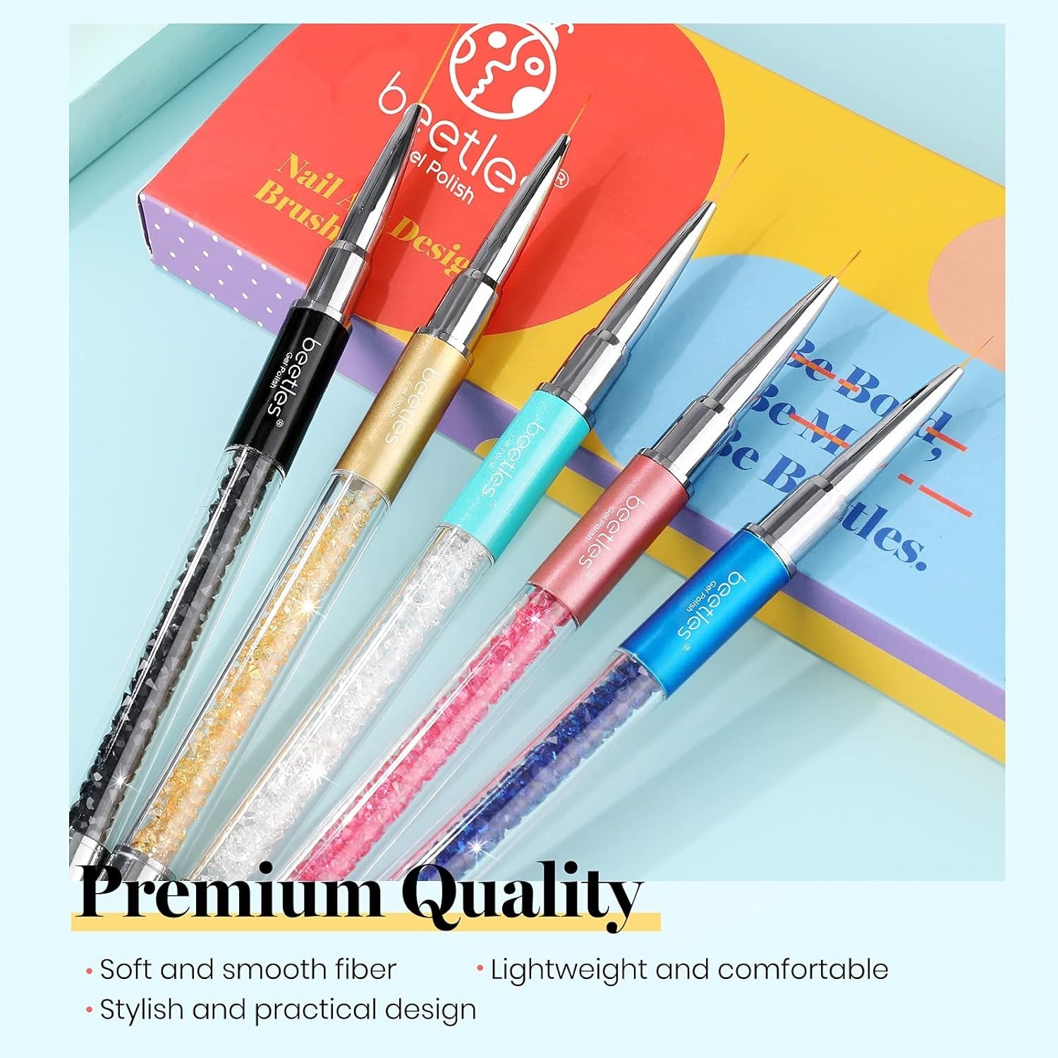 Nail Art Liner Brushes Set 5Pcs for Drawing and Design with Rhinestone Handle
