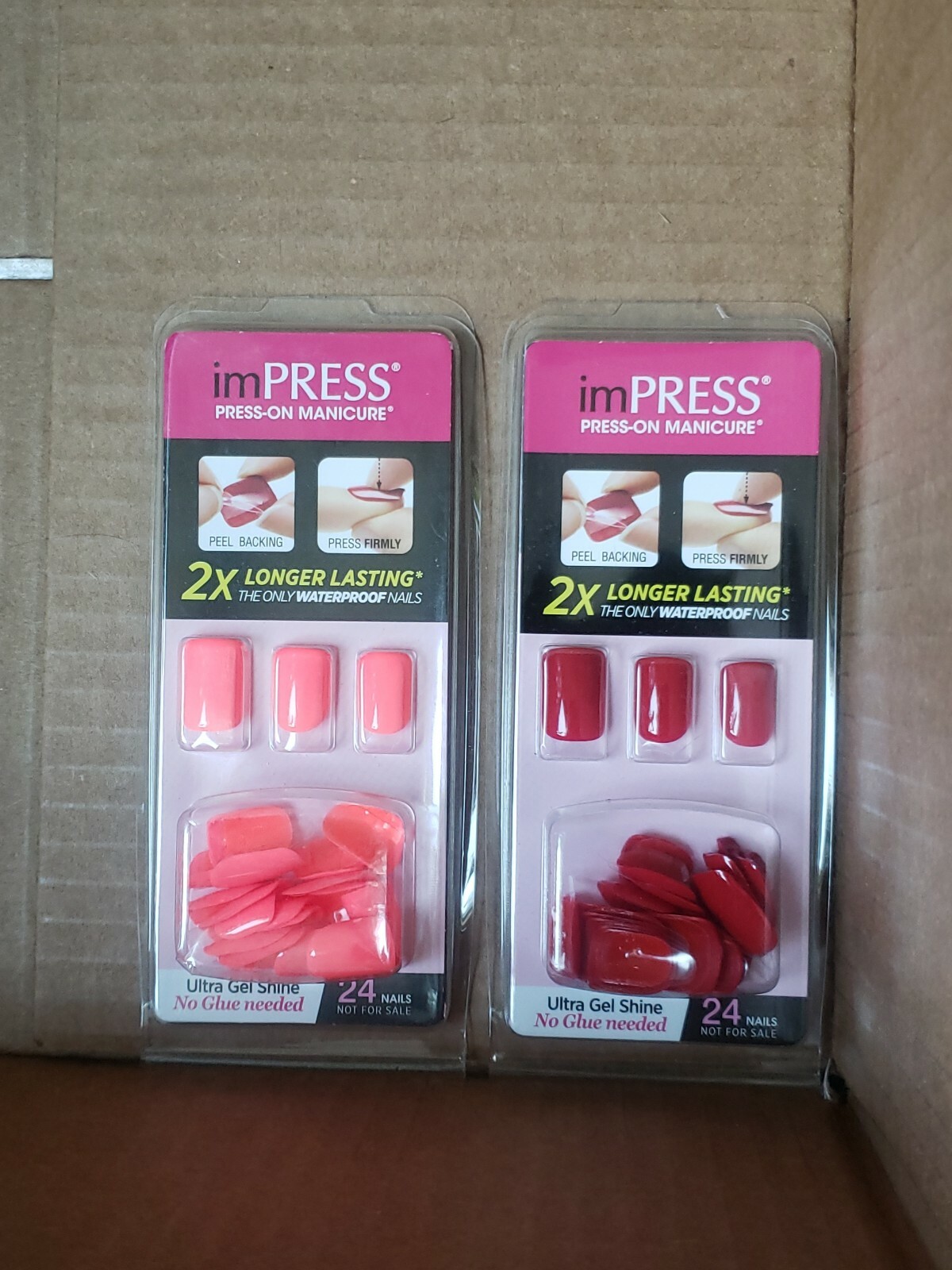 2 sets Impress Gel Manicure Press On Nails Neon Pink Classic Red 24 nails each