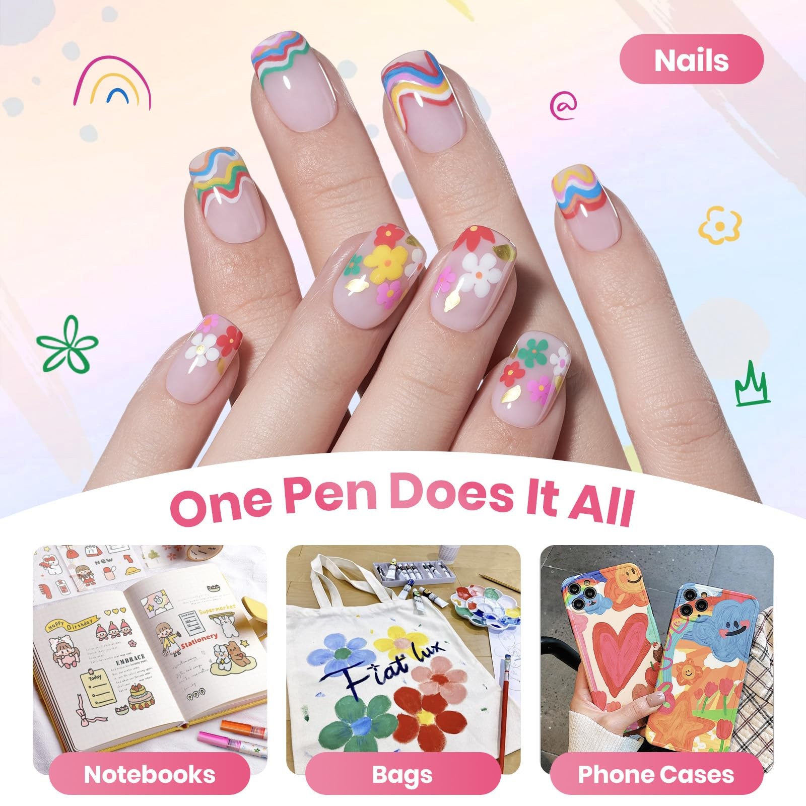 Beetles 12 Colors Nail Art Pens, 0.5mm Fine Line 12 Polish Pens
