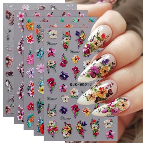 6 Sheets Flower Nail Art Stickers Decals Self-Adhesive Spring Summer Floral