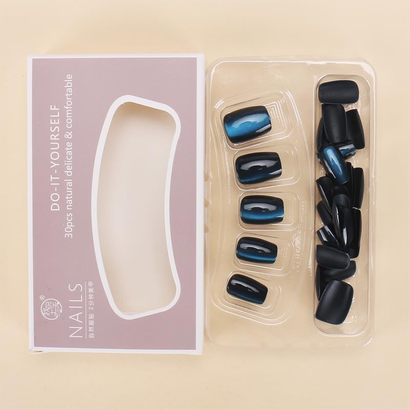 Blue Press On Nails – Short Square Cat Nails – Set of 24 – Style 23
