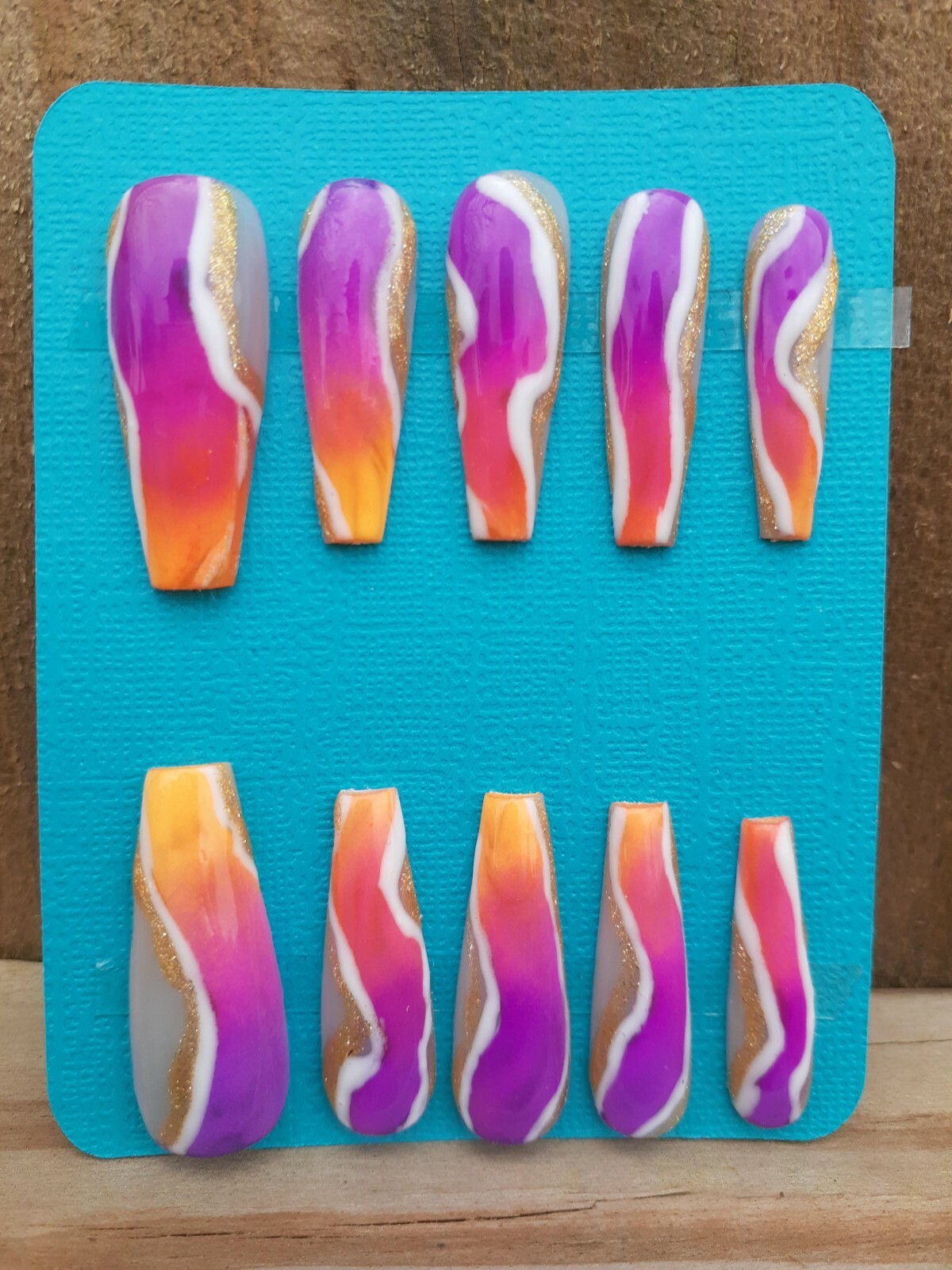Pink Purple Orange Ombre White Gold Press on Nails Handmade Neon Tropical Nails