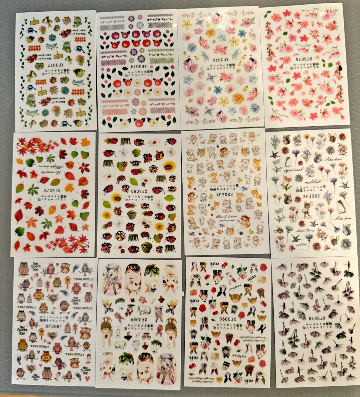 Nail Art Stickers Decals 12Pcs Flower Fruit Ladybirds Owl Cat Self-Adhesive NS34