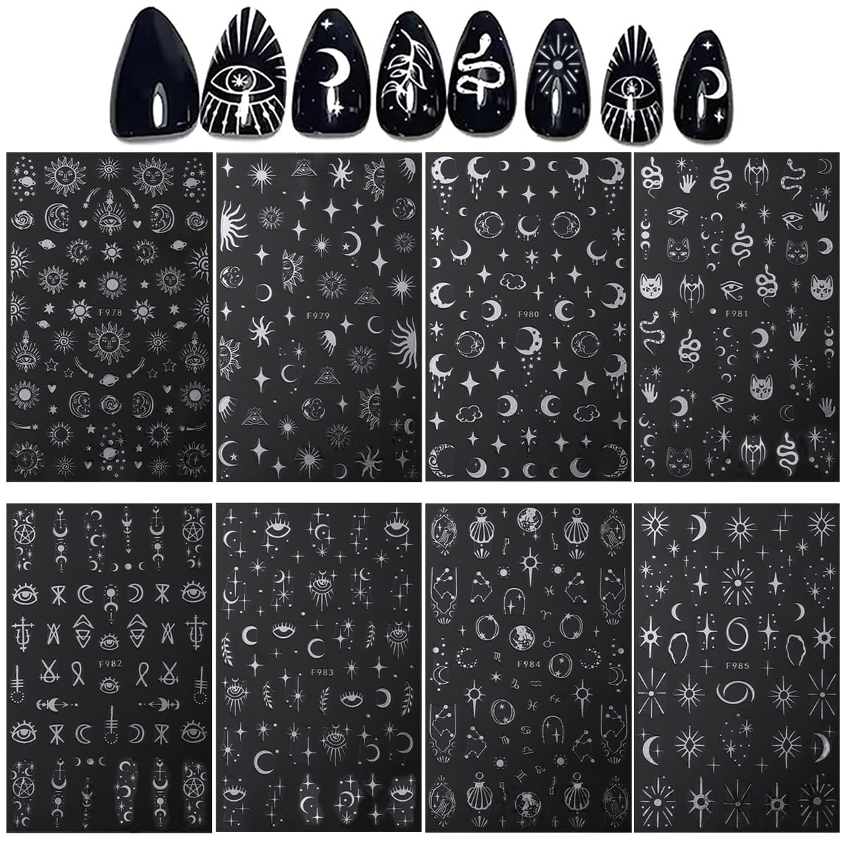 8 Sheets Metallic Nail Art Stickers Decals Silver Moon Star Sun