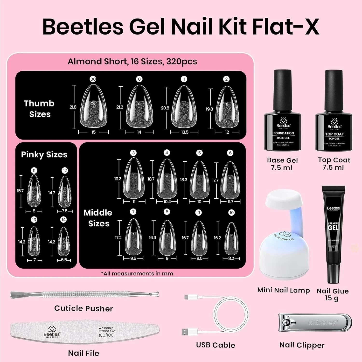 Beetles 320pcs Flat-X Almond Nail Tips & Durable Nail Glue for Home Manicure