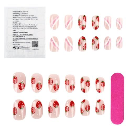 Cute Pink Press on Nails Short Oval Acrylic Fake Nails Sweet strawberry