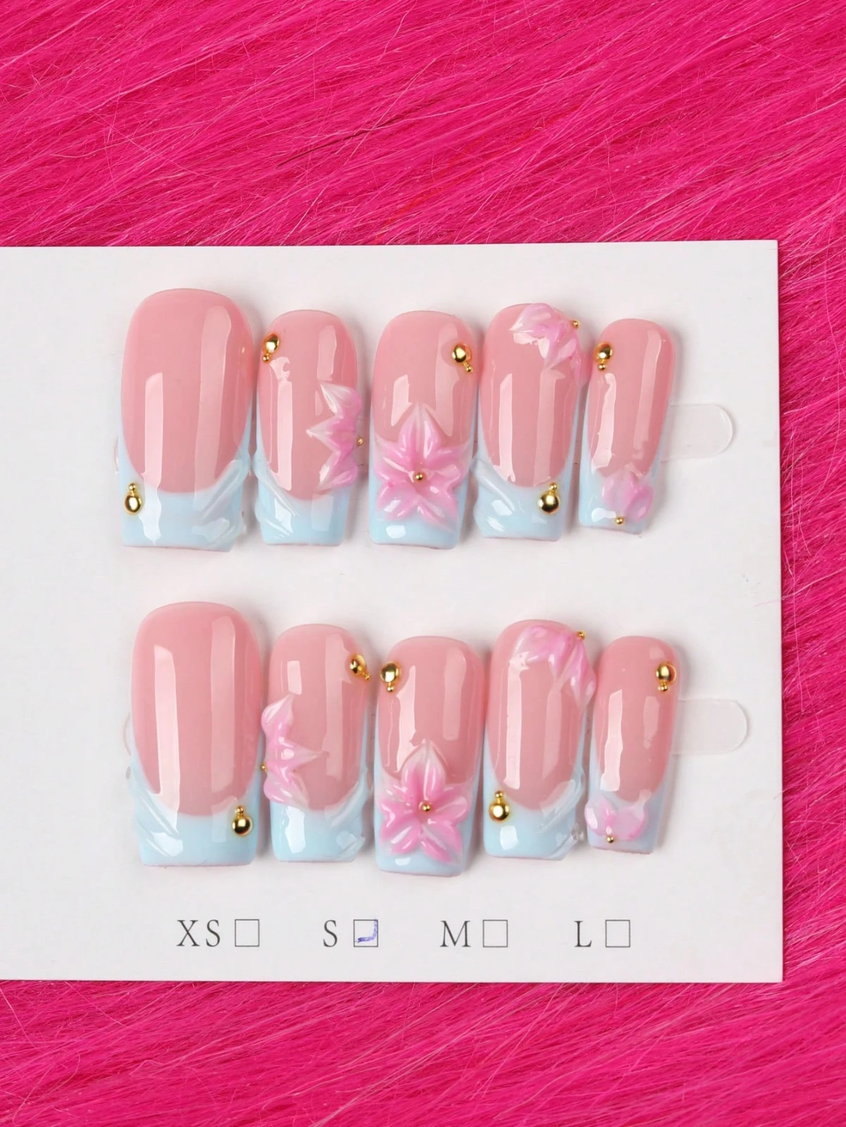 10PCS Y2K Handmade Press On Nails Pink Blue 3D Floral Full Cover Reusable False