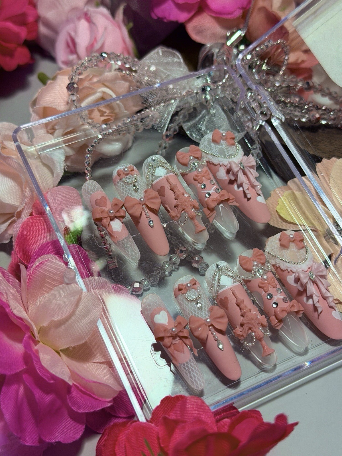 Pink Princess Bow Lace Flower Matte Finish Press On Nails Long Y05 With Pearl