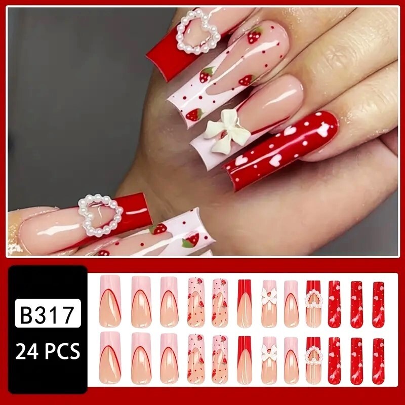 24 Fake Nails Heart 3D Charm Bow Press On Style Kit Glam Vacation Strawberries