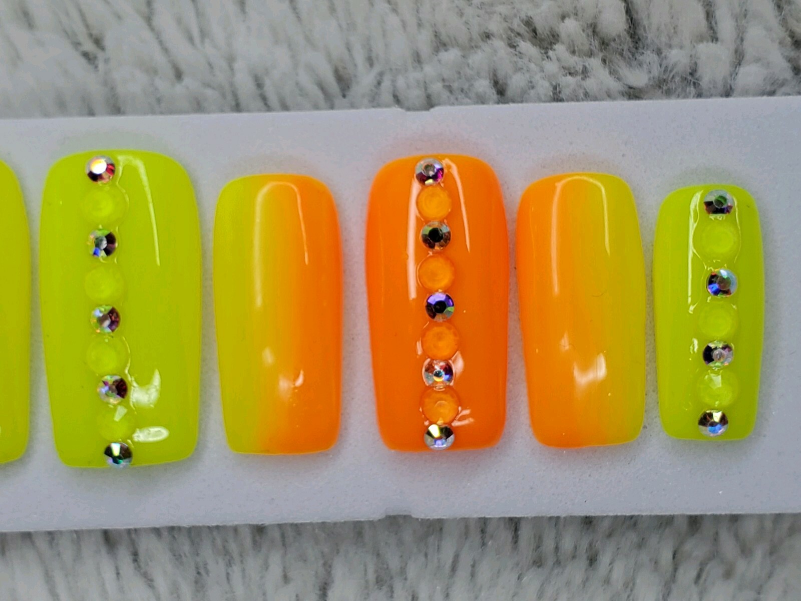 Neon Rainbow ombre bling w/crystals Gel Press On nails square orange yellow