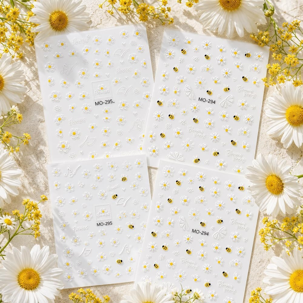4Pcs Daisy Bee 5D Embossed Nail Art Stickers | Floral White Petal, Textured Mani