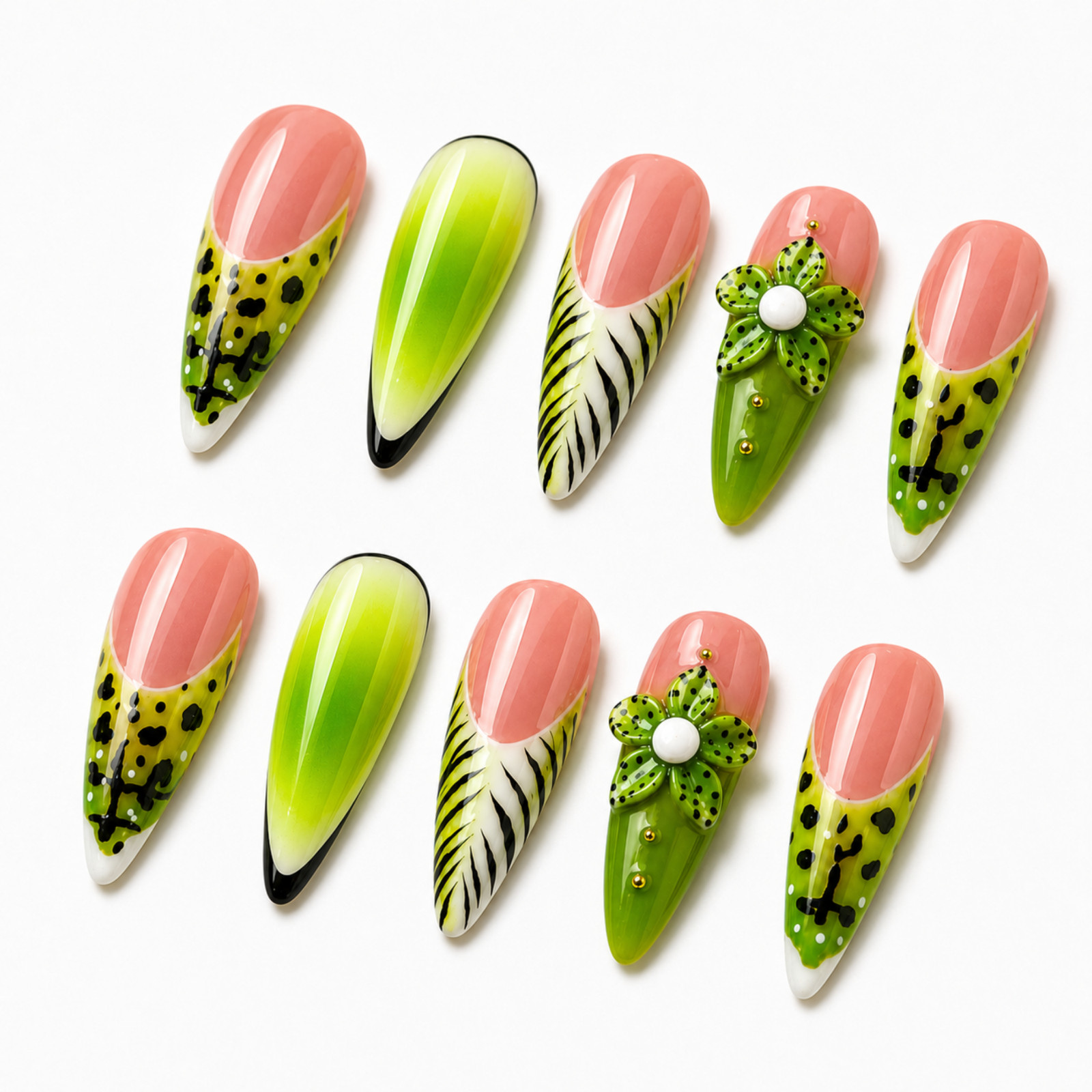 Handmade Pink Green Frog Floral 3D Press On Nails Custom Size Set