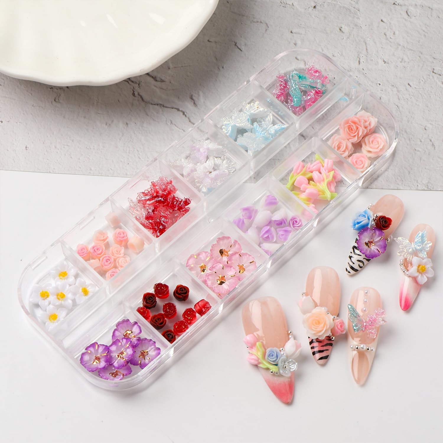 12 Grids Flowers Nail Charms Rose Tulip Floral Butterfly Designs | 3D Resin Mult