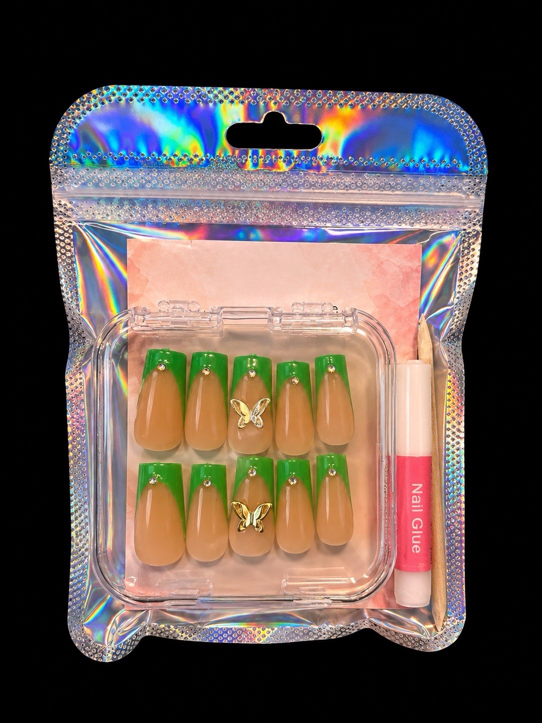 Green & Nude Coffin Press-On Nails Kit Medium Glitter Butterfly, Glue Included