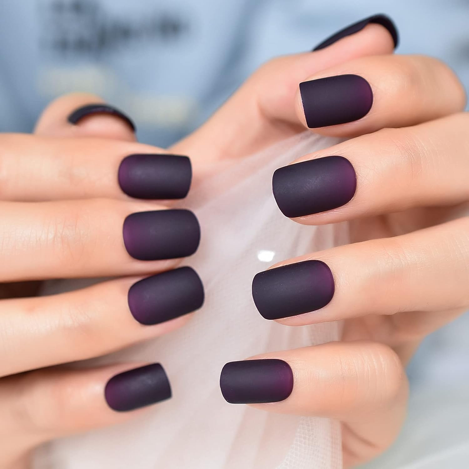 Press on Nails Rubber Matte Dark Purple Gradient False Nails Squoval Short Acryl