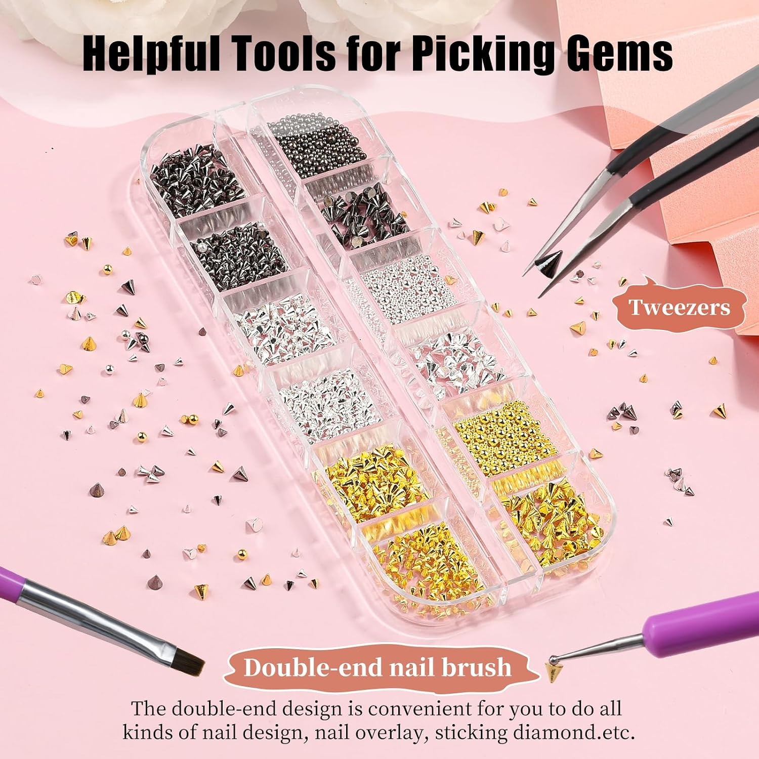 3D Mini Metal Punk Nail Art Studs, Mixed Sizes Gold Silver Black Alloy Cone Spik
