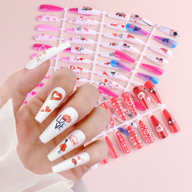 24PcsFake Nails Kit Set Love Valentine Nails Stiletto Ballerina Manicure Acrylic
