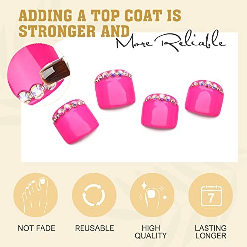28pcs Hot Pink Short Press on Toenails Glossy Square Fake Toe Nails Art
