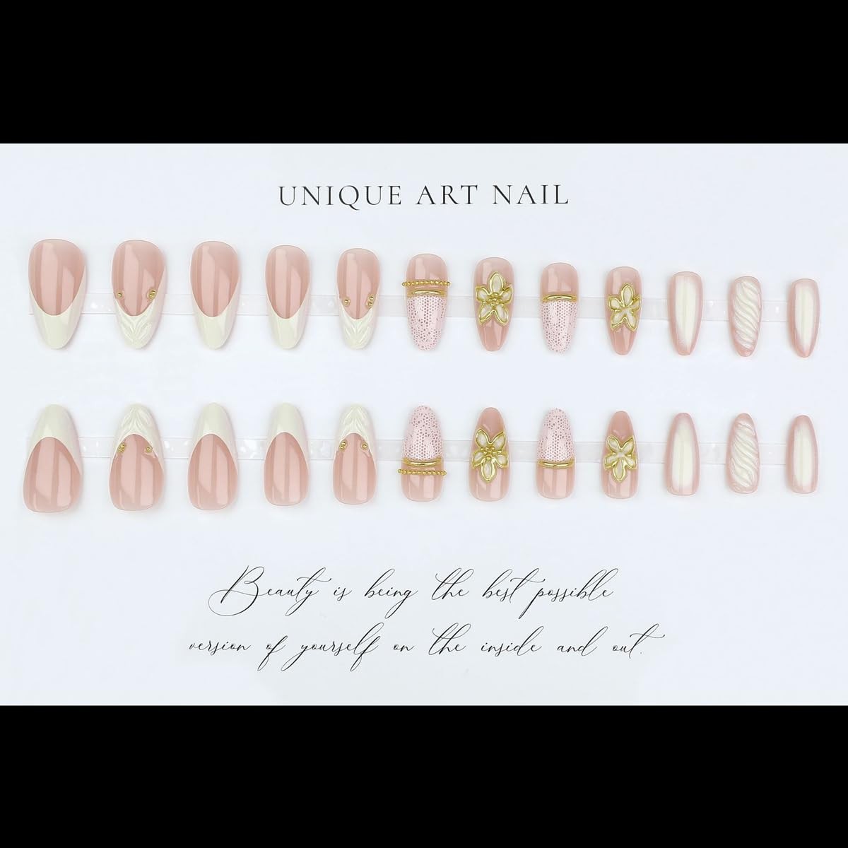 White French Tip Press on Nails Medium Almond Fake Nails with Lace and 3D Scu…