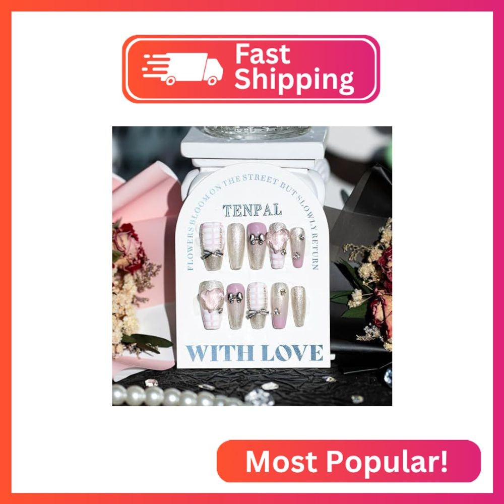 TENPAL Ash Pink Glitter Houndstooth Coffin Nails, Handmade Press on Nails Medium