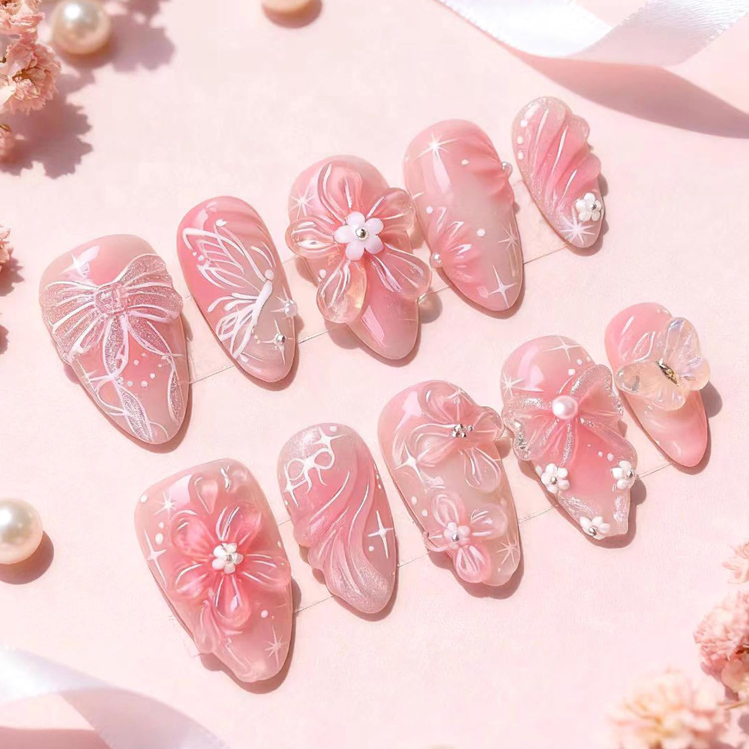 24Pcs Flower Press on Nails Medium Almond Fake Nails with 3D Bow Rose Gold Beads