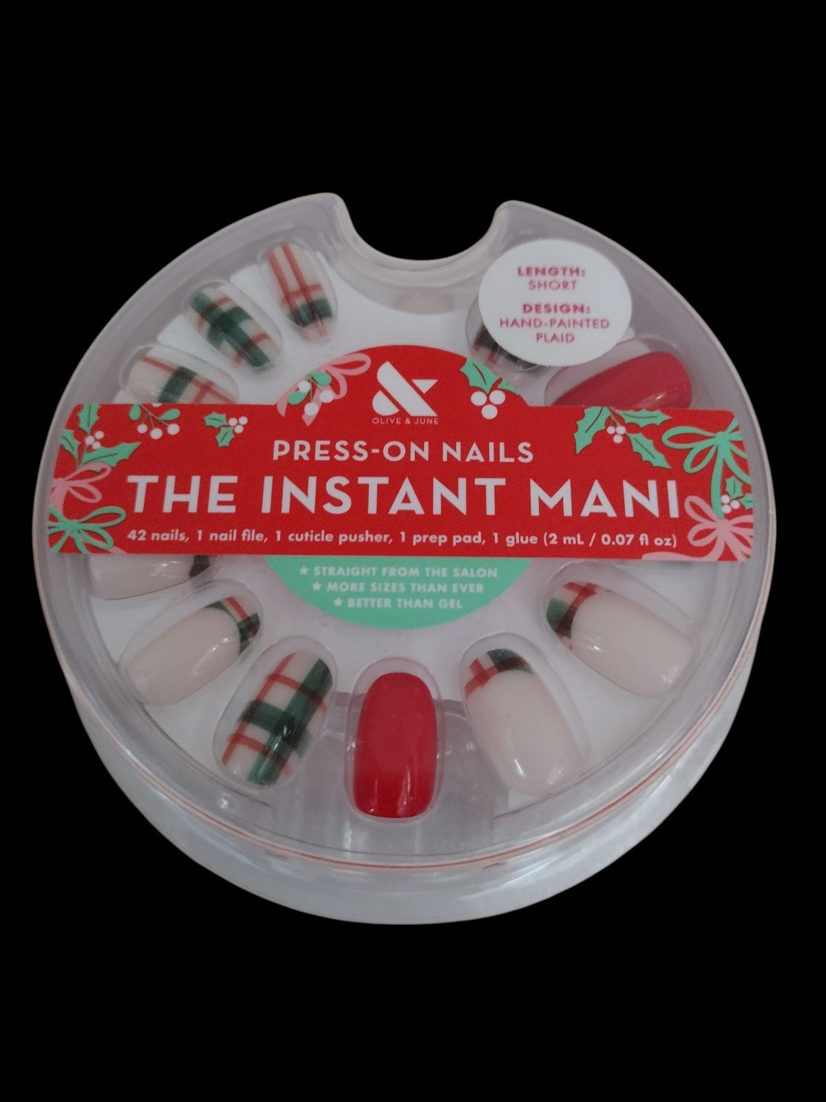 Olive & June THE INSTANT MANI 42ct SHORT LENGTH Press On Nail HAND-PAINTED PLAID