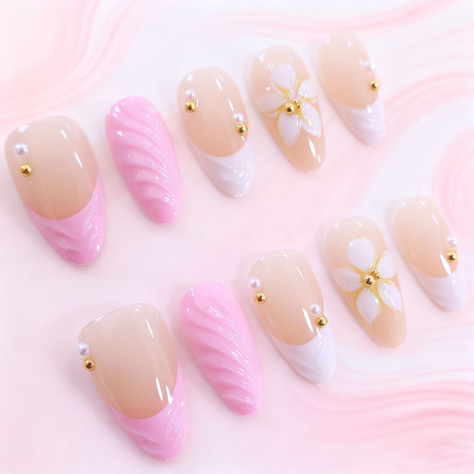 Pink White 3D Floral Almond Press On Nails | Gold Studded False Nails