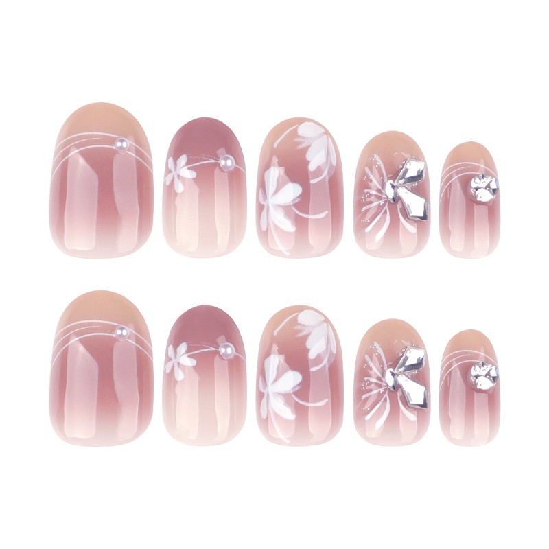48Pcs-Short Round Nude Gradient White Floral Rhinestone Design Press on Nails