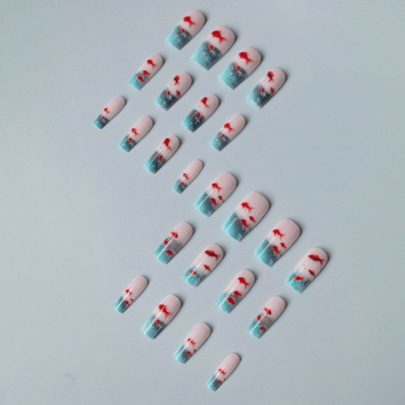 48 Pcs Goldfish Ombre Press on Nails, Medium Coffin Clear 3D False Nails