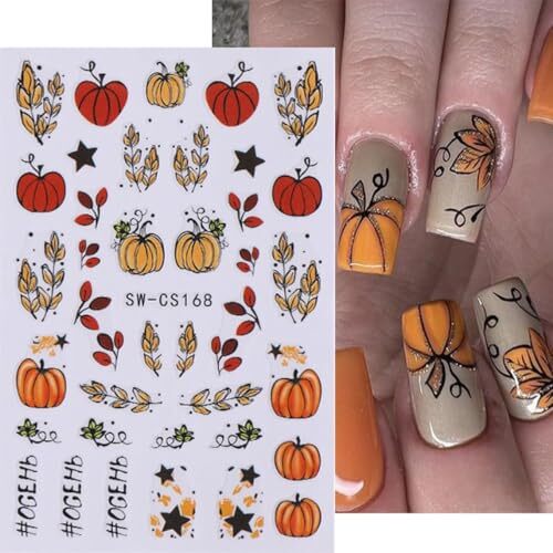 8Sheets Fall Nail Art Stickers Autumn Pumpkins Fallen Leaves 3D Style- Decal J