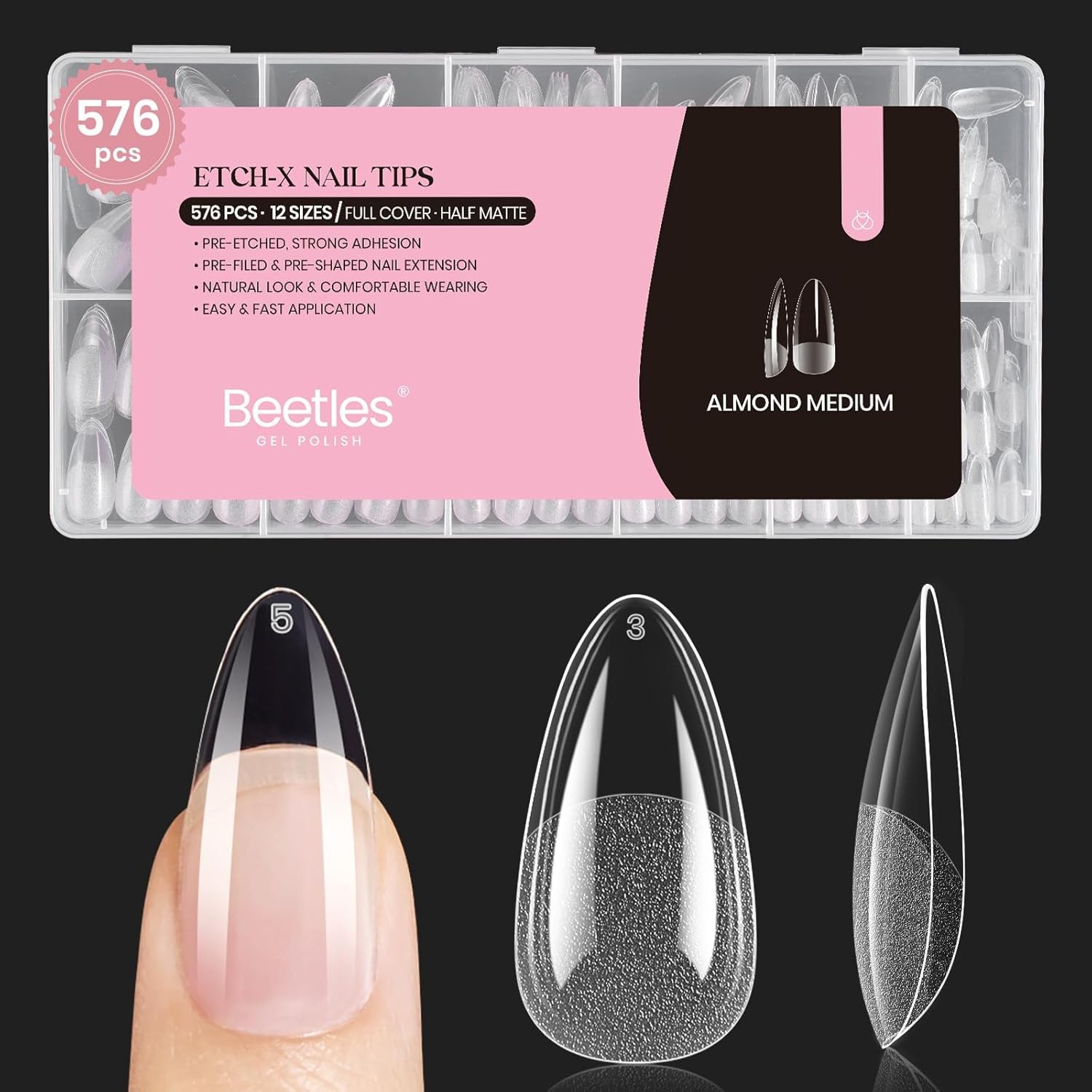 Medium Almond Nail Tips 576pcs12 Sizes,Pre-Etched Soft Gel Nail Tips Half Matte
