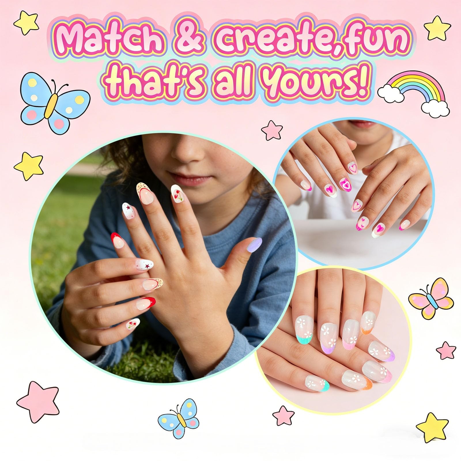 Jsiallve 96Pcs Short Oval Press on Nails for Girls, 16 Size, color pattern 3p